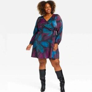 Ava & Viv Multi Jewel Tone Floral Faux Wrap Mini Dress NWT 4X Holiday Festive